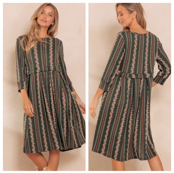 ✨LAST ONES✨Boho Quarter Sleeve Floral Midi Dress - Picture 3 of 5